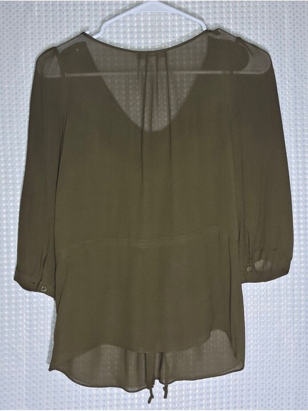 J.Crew Sheer Silk Blend Tie Front Blouse | Olive Quiet Luxury Office Chic Top 4 - Picture 8 of 9